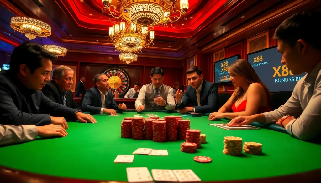 X88 casino players engaged at a vibrant poker table in a luxurious casino.