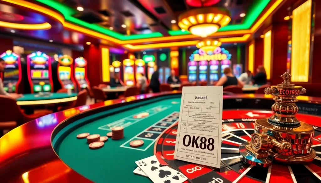 Experience excitement at OK88 casino tables where poker chips and cards thrive.
