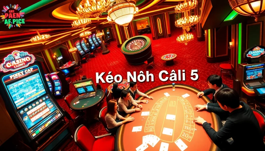 Kèo Nhà Cái 5 highlights the excitement of casino gaming with players engaged at a blackjack table.