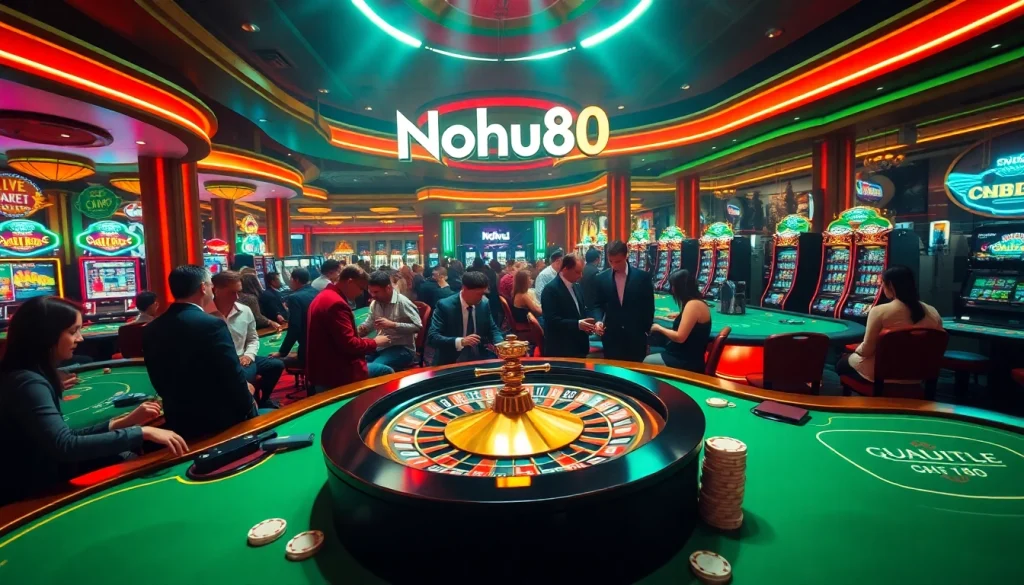 Nohu90 showcases players engaged in thrilling roulette bets in a vibrant casino setting.