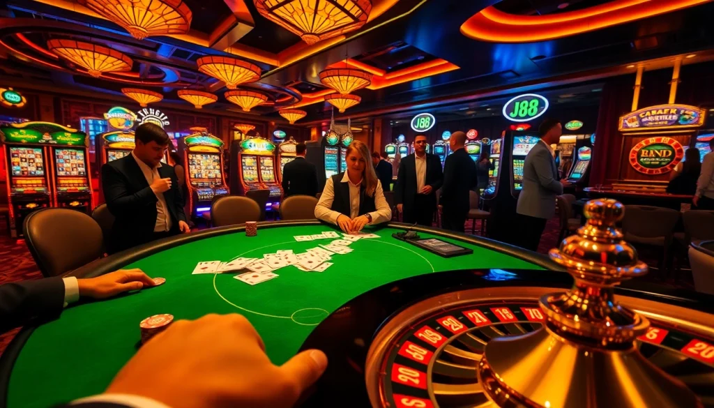 J88 casino scene showcasing intense poker action with vibrant slot machines.